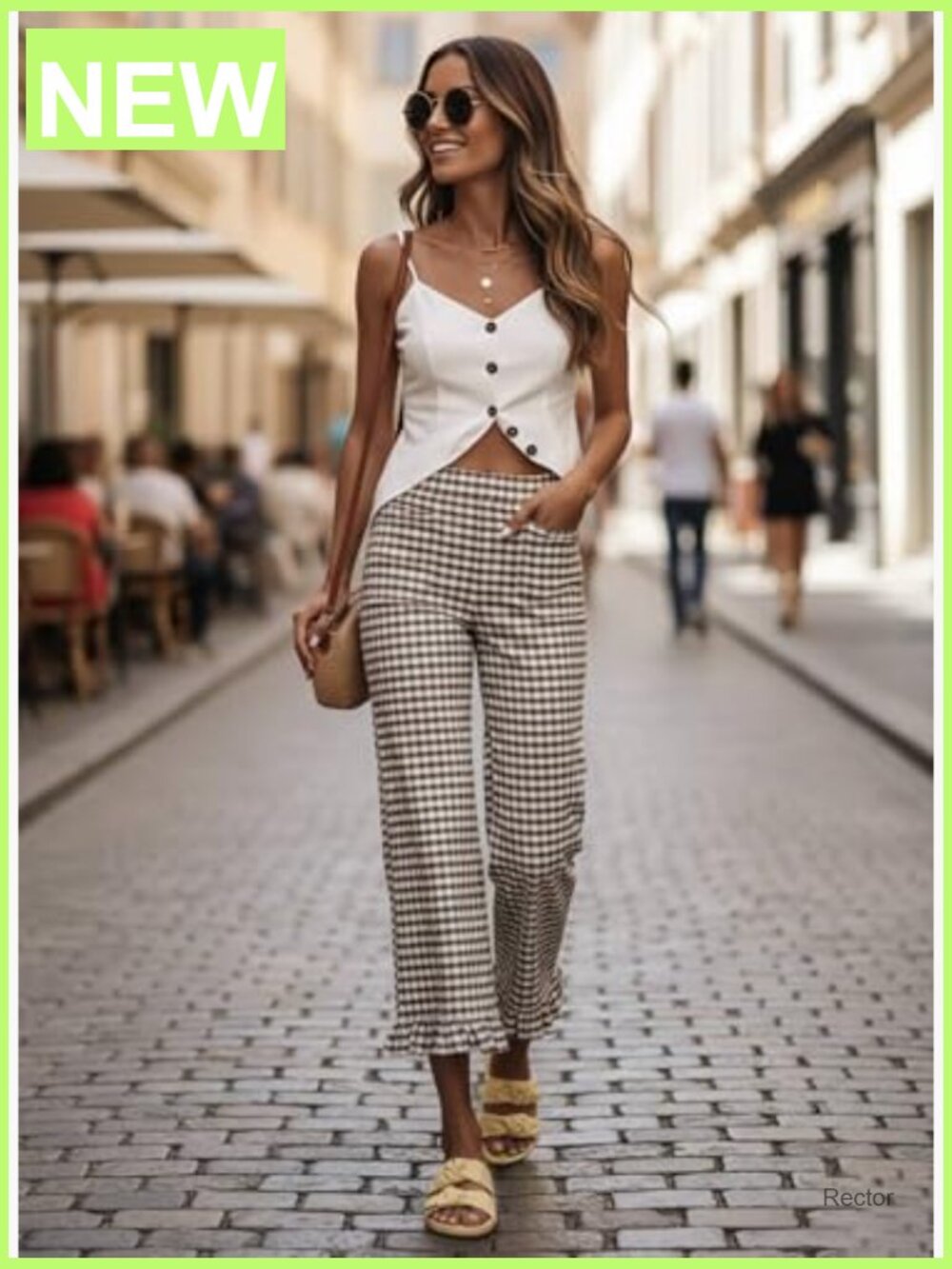 Gingham Straight Leg Cropped Trousers with Pockets - Picture 5 of 6